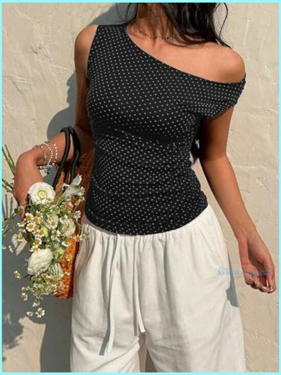Off Shoulder Sleeveless Tank Top Ruched Slim Fit Polka Dot Y2K - Picture 6 of 7